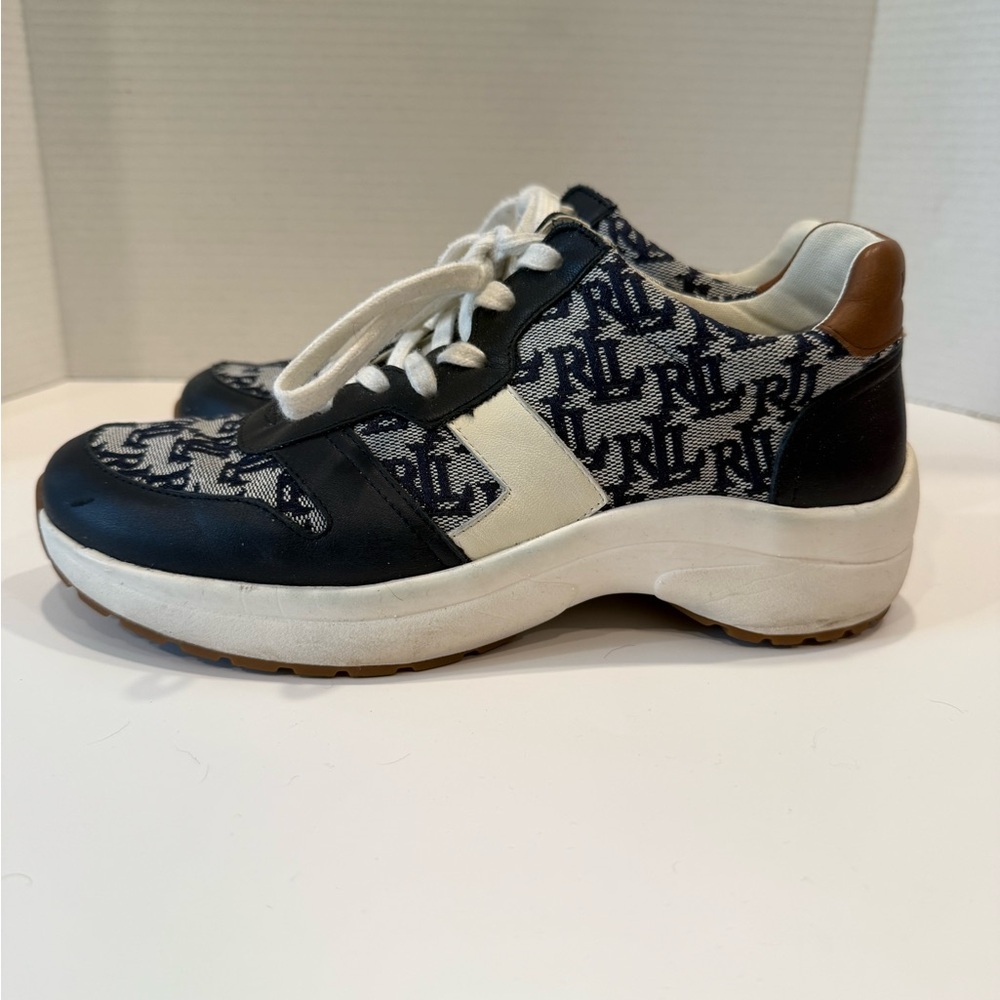 RL Monogram Navy & White Women's Leather-Trim Sneakers - Picture 3 of 6